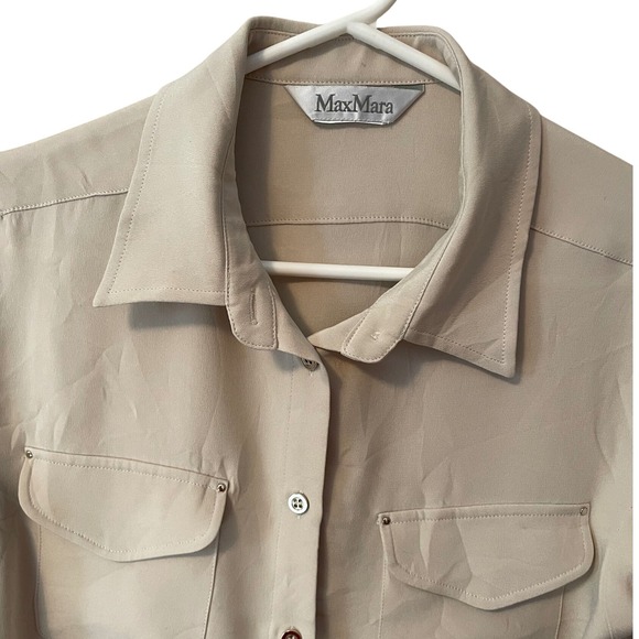 Max Mara Tops - Max Mara Womens M Beige Silk Blend Button Down Blouse Long Sleeve Utility Shirt